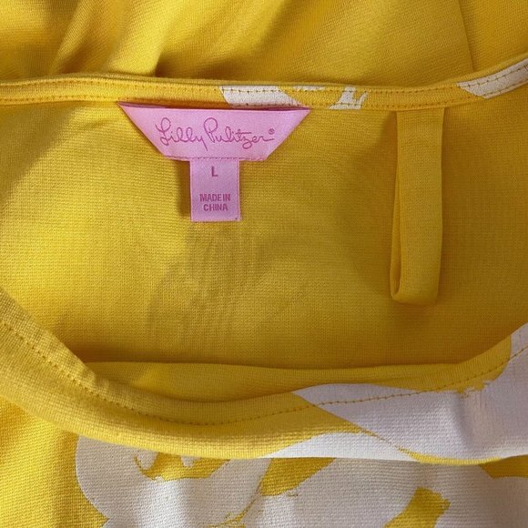 Lilly‎ Pulitzer Jonah Shift Dress Women L 3/4 Sleeve Stretch Yellow Chain Key